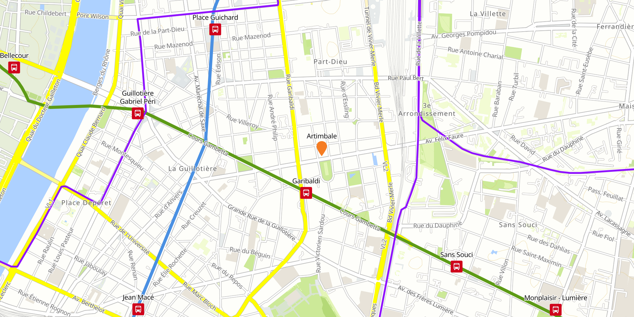 Carte de lyon, l'adresse d'Artimbale, les ligne de mètro et tram proche sont renseigné